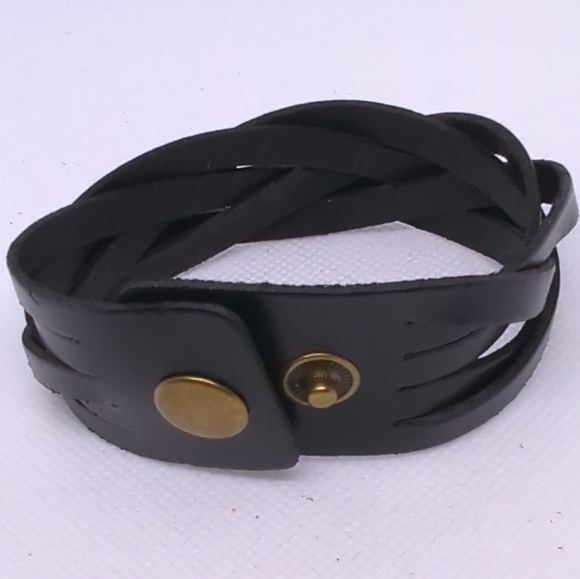Black Braided 🖤Faux Leather Snap Cuff Bracelet Biker Southwest Style 8.5 inch - Picture 3 of 12